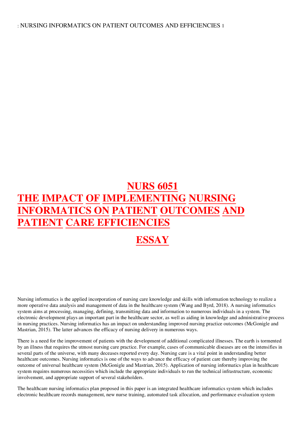 Preview image for NURS 6051 THE IMPACT OF IMPLEMENTING NURSING INFORMATICS ON PATIENT OUTCOMES AND PATIENT CARE EFFICIENCIES ESSAY
